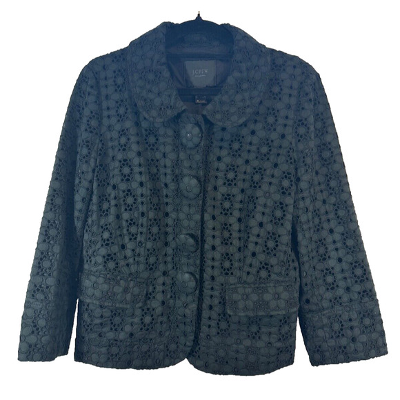 J Crew Blazer Jacket Womens 6 Black Schoolboy Eyelet Eyelet Summer Academia D16 - Picture 1 of 6
